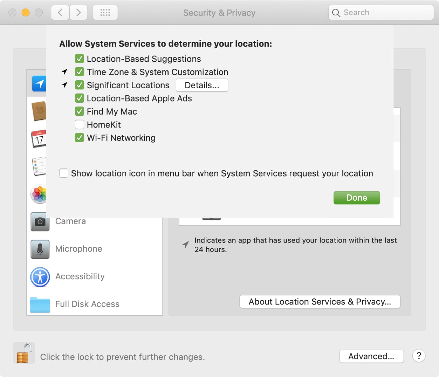 mac turn off location services for an app